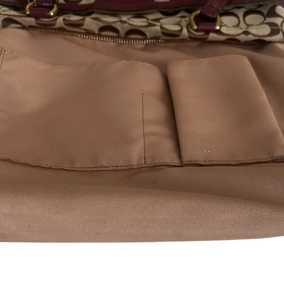 Coach Signature Stripe Khaki Brown Canvas Tote Bag Burgundy Leather Trim F28504 - Picture 8 of 11